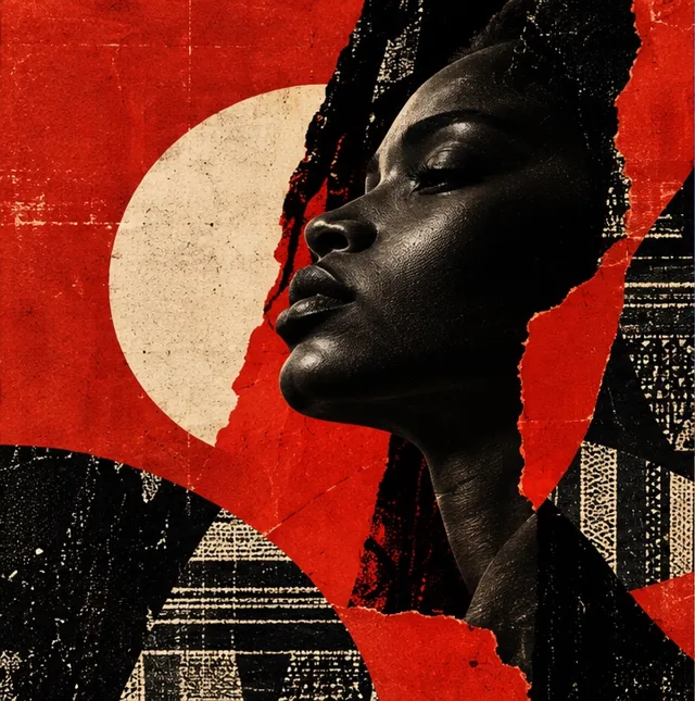 Collage rouge et noir autour d’un profil de femme