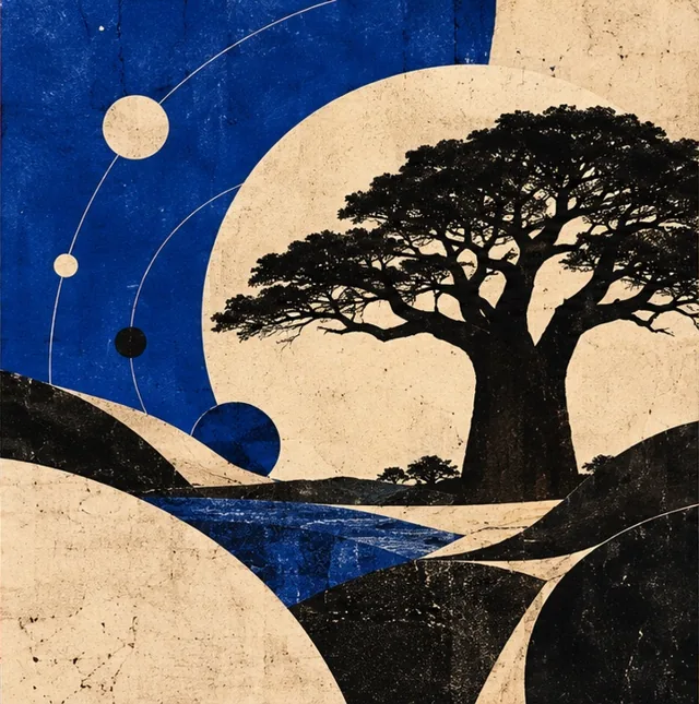 Collage bleu et sable autour d’un baobab