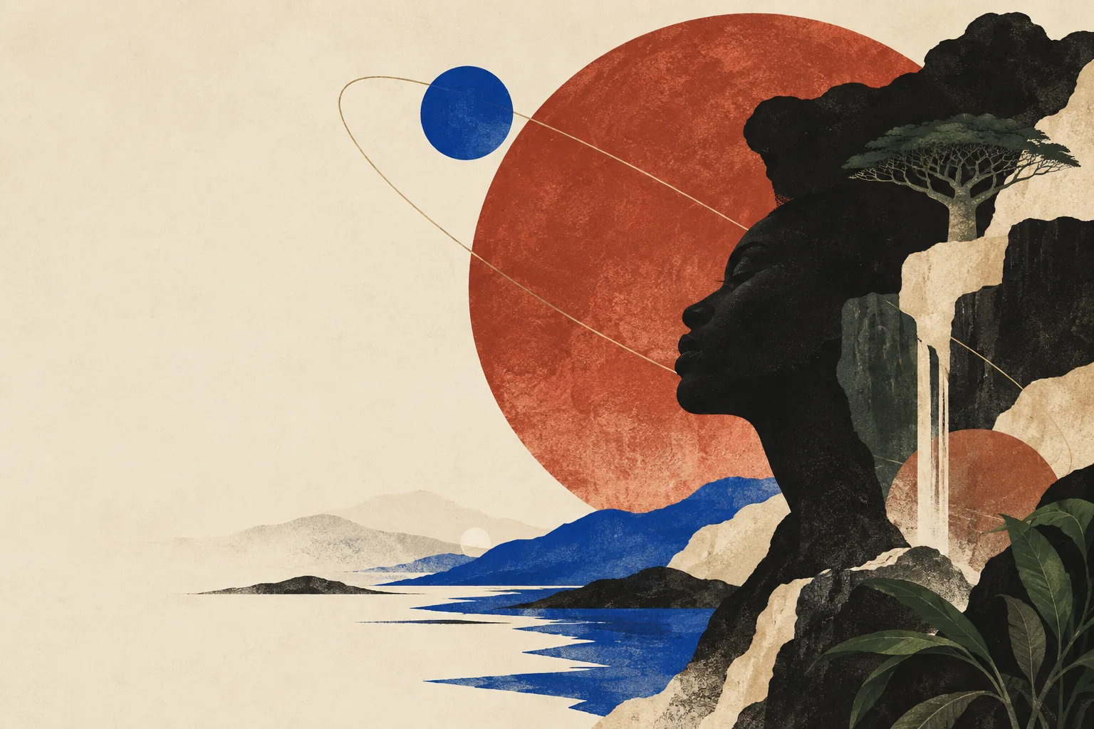 Illustration aux couleurs de Sève Noire, entre soleil rouge, eau bleue et paysage imaginaire
